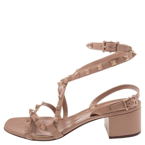 Valentino Garavani Beige Leather Rockstud Strappy Gladiator Sandals - Picture 2 of 15